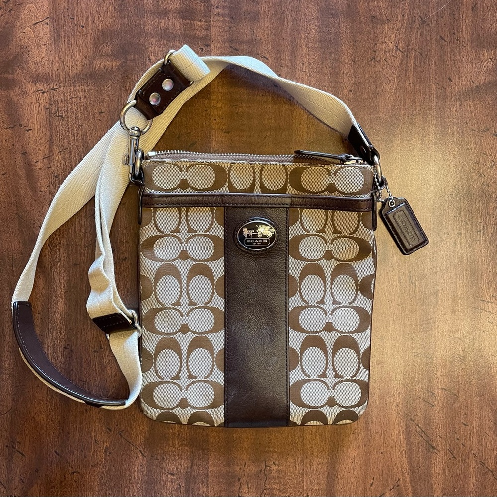 COACH Sutton Signature Crossbody Swingpack Bag Purse - Tan - Lavender Interior